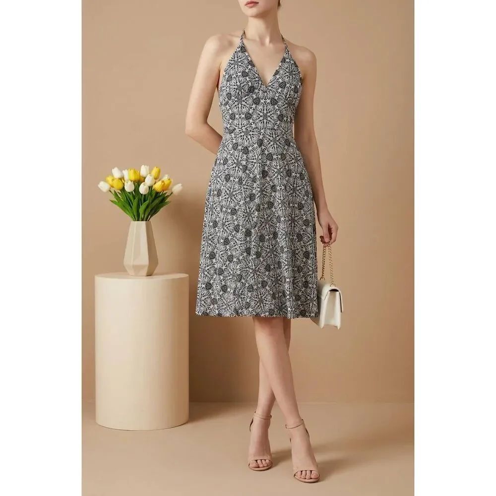🔹️Alyn Paige New York Black & White Print Halter Neck Sleeveless Dress Small
